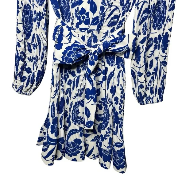Milly Blue Liv Flowers of Spain Long Sleeve V Neck Pleated Mini Dress - Picture 9 of 13